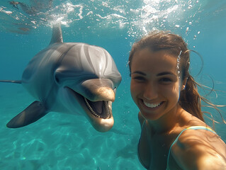 Woman swimming with dolphins under water taking a selfie
