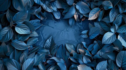 Blue leaves frame the background with copy space blue color.