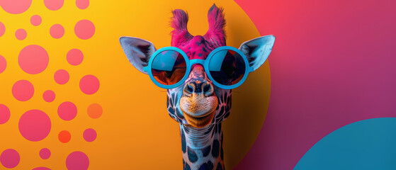 A giraffe rocks a stylish hairdo and blue sunglasses against a playful background with polka dots