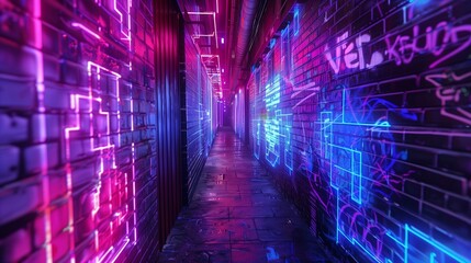 neon-lit alleyway in a cyberpunk city, where flickering holograms and digital graffiti adorn the...
