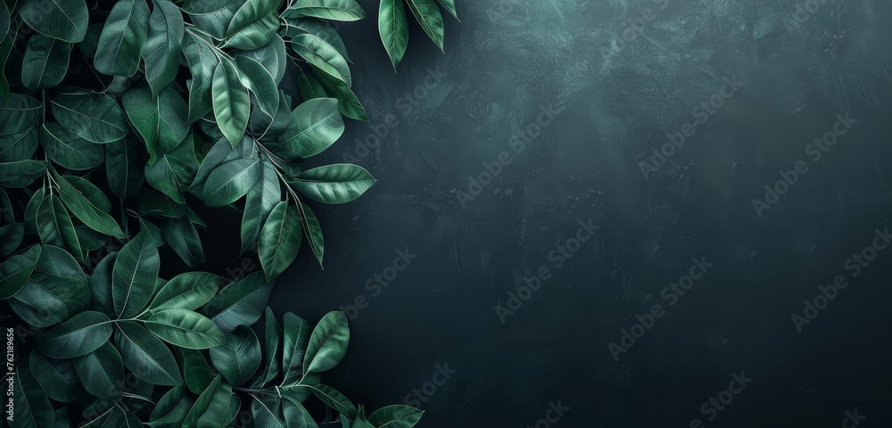 Canvas Prints Dense green leaves against a dark matte background create a natural frame for the text.