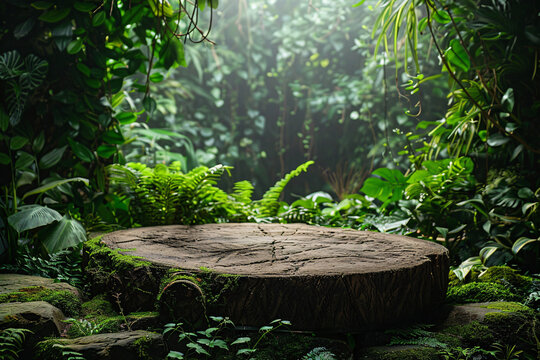 Eco-Friendly Product Showcase on a Rustic Wood Stump in Lush Jungle Setting