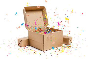 Gift cardboard box with colourful confetti isolated on a transparent background