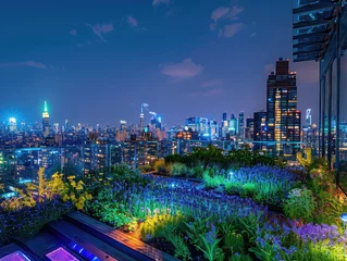 Fotobehang Urban Oasis: Illuminated Greenery and City Lights in Rooftop Gardens at Night - Nighttime Tranquility in Urban Rooftop Gardens - Discover the serenity of urban rooftop gardens at night © Cool Patterns