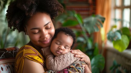 Fototapeta premium Loving mom carying of her newborn baby at home. Bright portrait of happy mum holding sleeping infant child on hands 