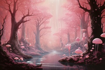 Serene Pink magical blossom forest. World tale. Generate Ai