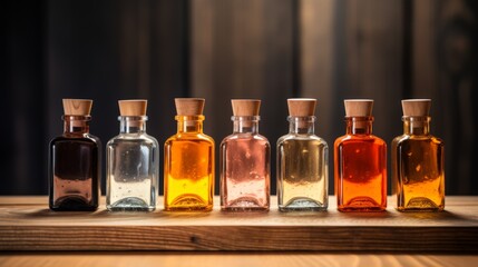 Warm color theme, several bottles of essential oils, glass bottles, wooden blocks
