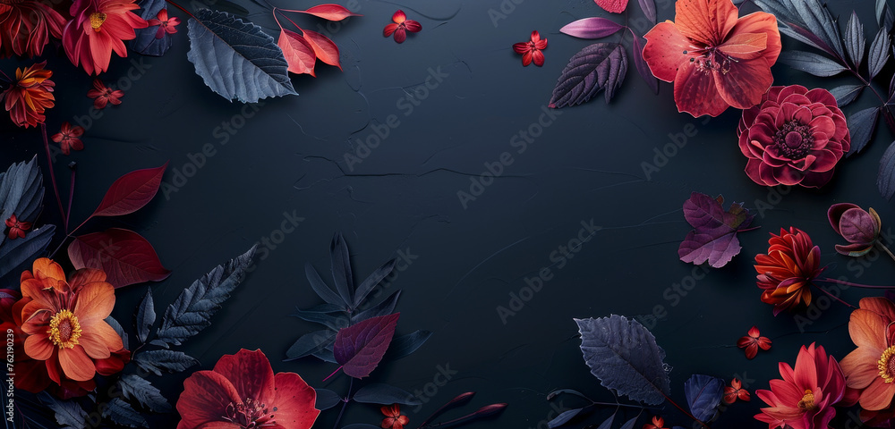 Canvas Prints A frame border with red, purple and orange flowers and leaves.