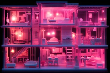 Whimsical Pink neon doll house. Modern design. Generate Ai