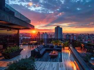Urban Relaxation: Golden Hour and City Lights in Rooftop Sunsets - Urban Tranquility in Rooftop Sunsets - Unwind amidst urban tranquility with rooftop sunsets, where the golden hour casts