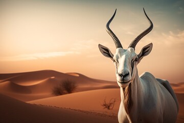 an animal with horns in a desert