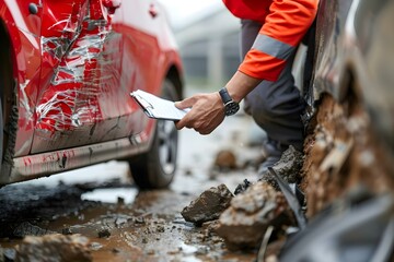 Insurance agent assesses car damage postaccident for claims review and documentation. Concept Car damage assessment, Insurance claim review, Documentation collection, Post-accident evaluation