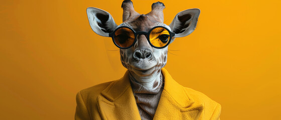 A quirky giraffe dressed in a yellow blazer and black glasses poses against an orange backdrop