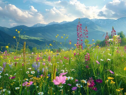 Mountain Serenity: Colorful Blooms and Natural Beauty in Wildflower Meadows - Alpine Tranquility in Wildflower Meadows - Immerse yourself in mountain serenity amidst wildflower meadows