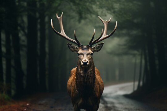 a deer with antlers standing on a road