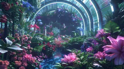 Fototapeta na wymiar the beauty of a futuristic botanical garden, where genetically modified flora bloom in kaleidoscopic splendor, illuminated by the gentle glow of artificial sunlight.