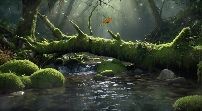 Witness the harmonious blend of nature's elements as mossy logs cascade over the tranquil waters of a river in a tropical forest, depicted in captivating 4K video.
