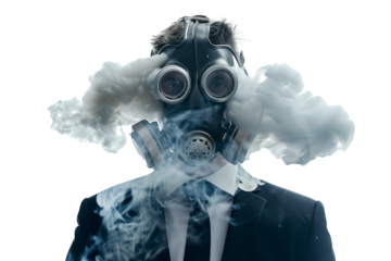 Illustration of an unknown man with a gas mask and billowing smoke isolated on a transparent  background