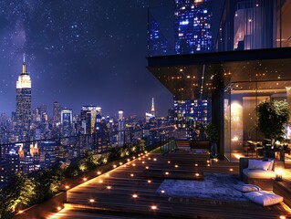 Fototapeta na wymiar Nighttime Elegance: City Lights and Urban Panorama in Rooftop Skylines - Urban Sophistication in Rooftop Skylines - Indulge in the elegance of nighttime with rooftop skylines