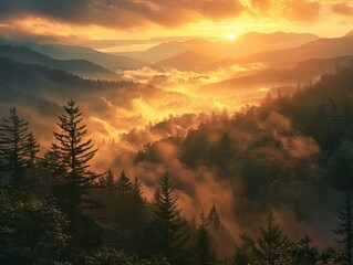 Mountain Tranquility: Misty Valleys and Tranquil Dawn in Sunrise Serenity - Serene Mornings in Sunrise Serenity - Bask in the tranquility of mountain mornings with sunrise serenity
