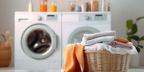 Concept Washing colorful clothes in the laundry room or at home. Washing machine and basket with dirty or clean colored clothes - obrazy, fototapety, plakaty