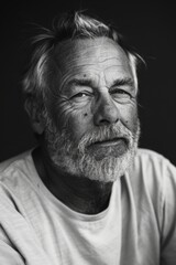 Obraz premium Elderly man smiling at camera. A close-up portrait of an elderly, man with a warm smile, wearing fashionable clothes.