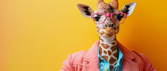 Poster Im Rahmen A giraffe stands out against a bright yellow background, wearing pink glasses and a dapper pink jacket © Daniel
