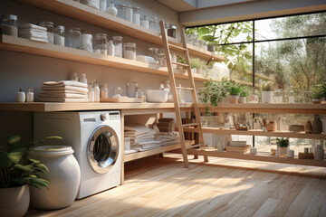 Modern laundry room interior with washing machines, dryers, beautifully folded clean fresh linen, towels, detergents. Cleanliness concept. Dirty laundry service - obrazy, fototapety, plakaty