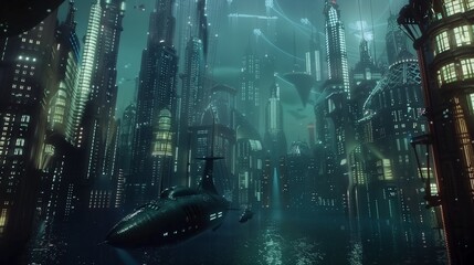 the depths of an underwater metropolis, where sleek submarines glide silently past towering skyscrapers, illuminated by the soft, blue glow of bioluminescent sea life.