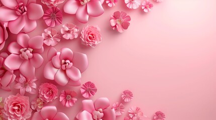 Fototapeta na wymiar Mother's Day abstract pink color background decorated with pink flowers. Banner with copy space 