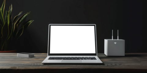 Laptop and Wi-Fi box on table on black background