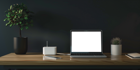 Laptop and Wi-Fi box on table on black background