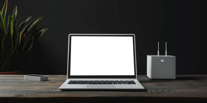 Laptop and Wi-Fi box on table on black background