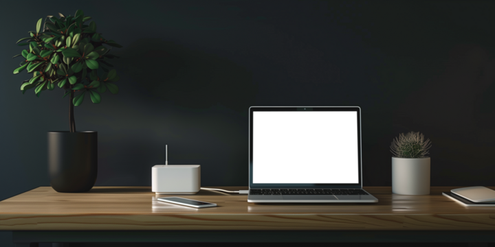 Laptop and Wi-Fi box on table on black background
