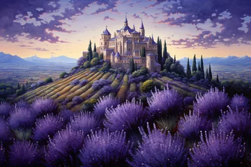Foto auf Acrylglas a castle on a hill with lavender fields © Maria