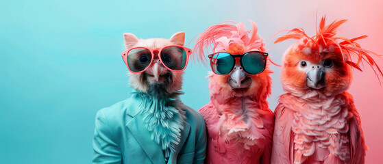 A trio of birds fashionably dons wigs and sunglasses, standing proudly against a gradient blue and pink background - obrazy, fototapety, plakaty
