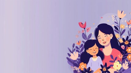 Obraz na płótnie Canvas Mother's Day Happy Mother and Daughter on a Purple Banner with Space for Copy