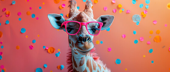 A quirky giraffe with stylish pink sunglasses amid a shower of colorful confetti - obrazy, fototapety, plakaty