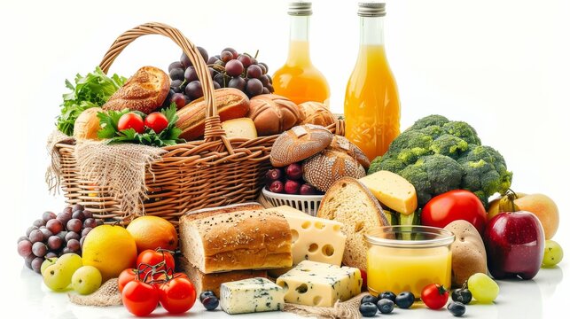 A delightful assortment of picnic fare, including crusty bread, fresh fruit, juice, cheese, and tomatoes, arranged in a wicker hamper, presented side-on and isolated on white background