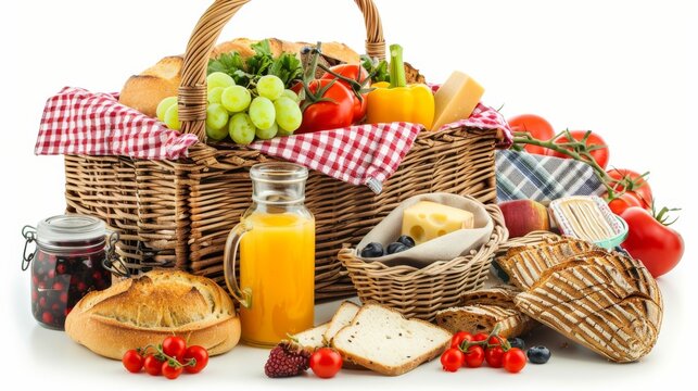 A delightful assortment of picnic fare, including crusty bread, fresh fruit, juice, cheese, and tomatoes, arranged in a wicker hamper, presented side-on and isolated on white background
