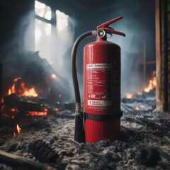 Fire extinguisher sits among chard remains of house fire
 - obrazy, fototapety, plakaty