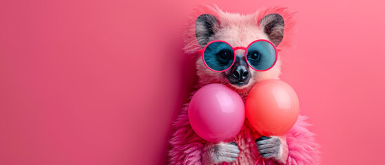 This image shows a cute lemur in a pink costume, holding balloons and wearing circular blue glasses - obrazy, fototapety, plakaty