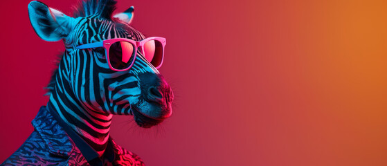 Fashionable zebra wearing cool pink sunglasses, vibrant red background adding pop art style contrast
