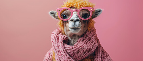 Charming alpaca with pink glasses and yellow hair showcasing a playful and cute demeanor