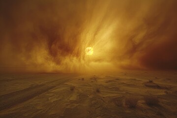 Majestic sunset in a vast desert with an approaching sandstorm under a fiery sky