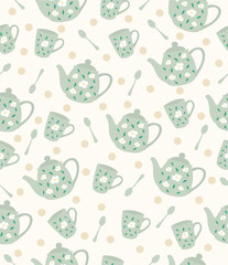Pattern teapot and cup on light pink background.