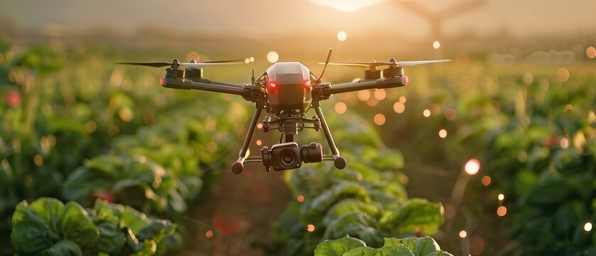 Agricultural drone hovers over lush farmland, with HUD overlay, enhancing precision farming - Powered by Adobe
