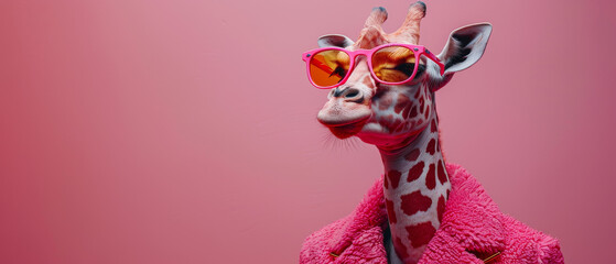 A quirky giraffe dressed in a pink furry coat and stylish sunglasses against a pink background - obrazy, fototapety, plakaty