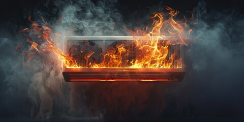 Obraz premium An air conditioner bursts into flames in an empty space, a 3D rendered concept of danger and destruction