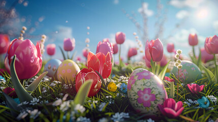 Fototapeta na wymiar Colorful Easter eggs in the grass with tulips and flowers on an easter background. Happy Easter concept. stock photo